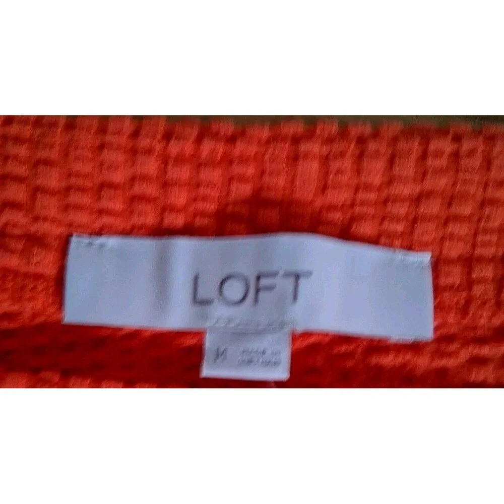 LOFT Top M Orange Textured Puff Sleeve Tie Front Square Neck Cotton Blend Blouse